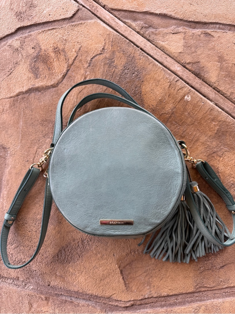 Brahmin Lane Circle Crossbody Bag Sage Green Leather Round Tassel Top Handle - Picture 3 of 16